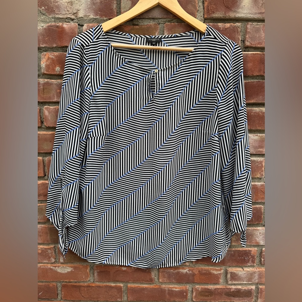 Talbots large petite black white blue 3/4 sleeve blouse EUC